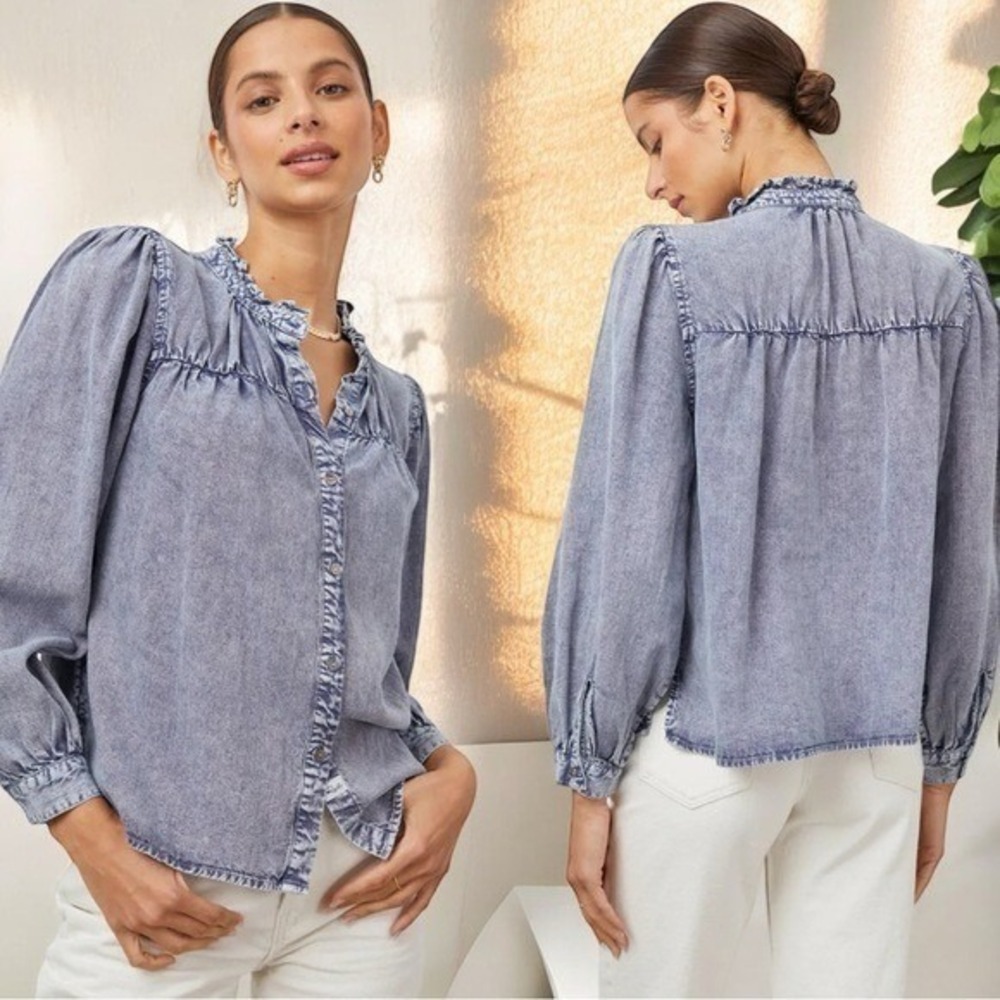 NEW Rails Camille Chambray Denim Button‎ Front Blouse Women's Size XXS